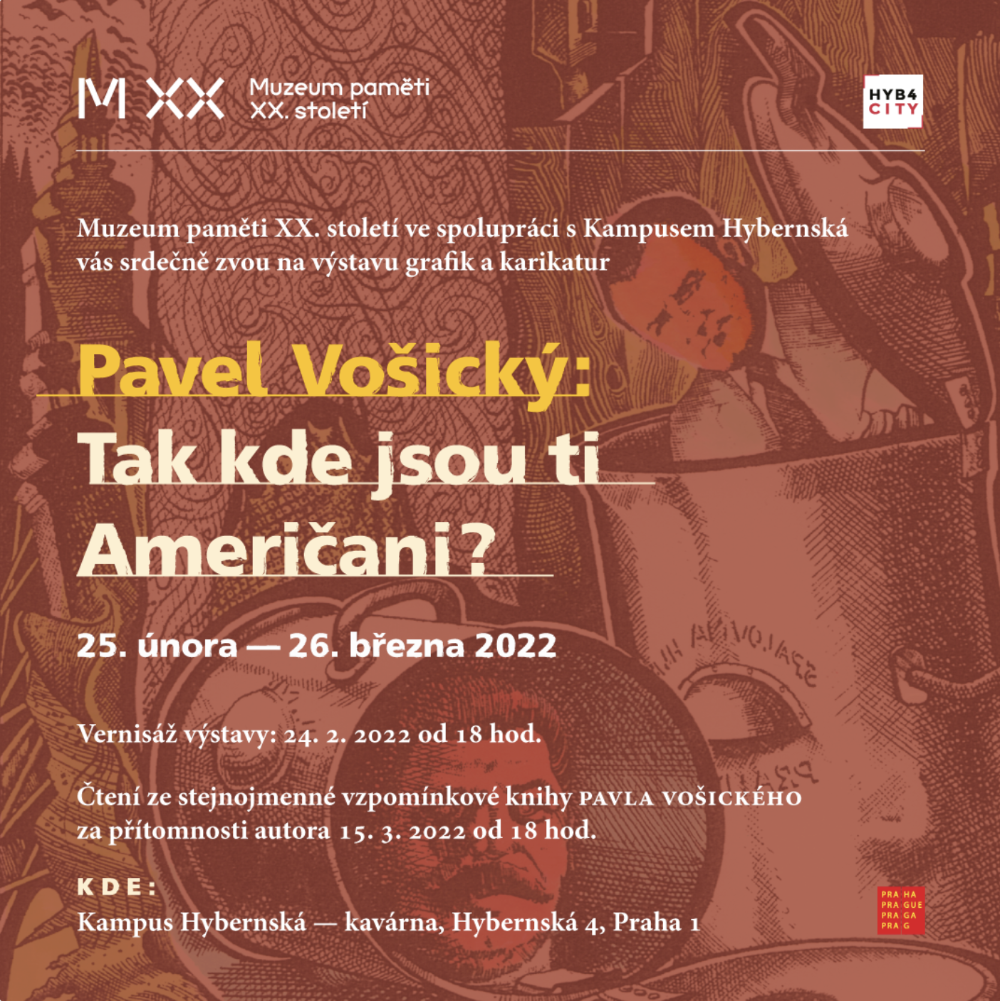Plakát k výstavě Pavla Vošického: Tak kde jsou ti Američani?